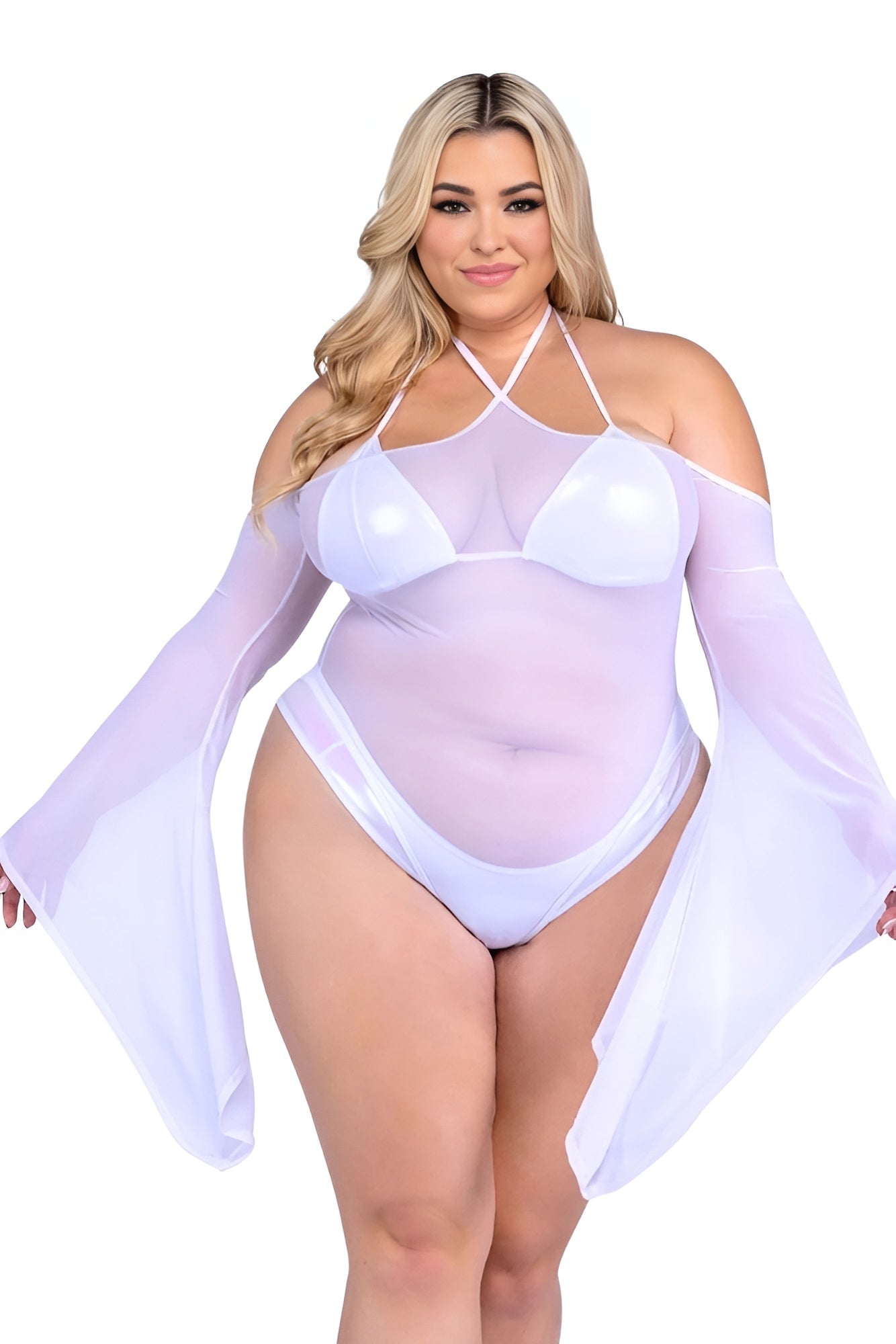 Sheer Mesh Romper with Bell Sleeves